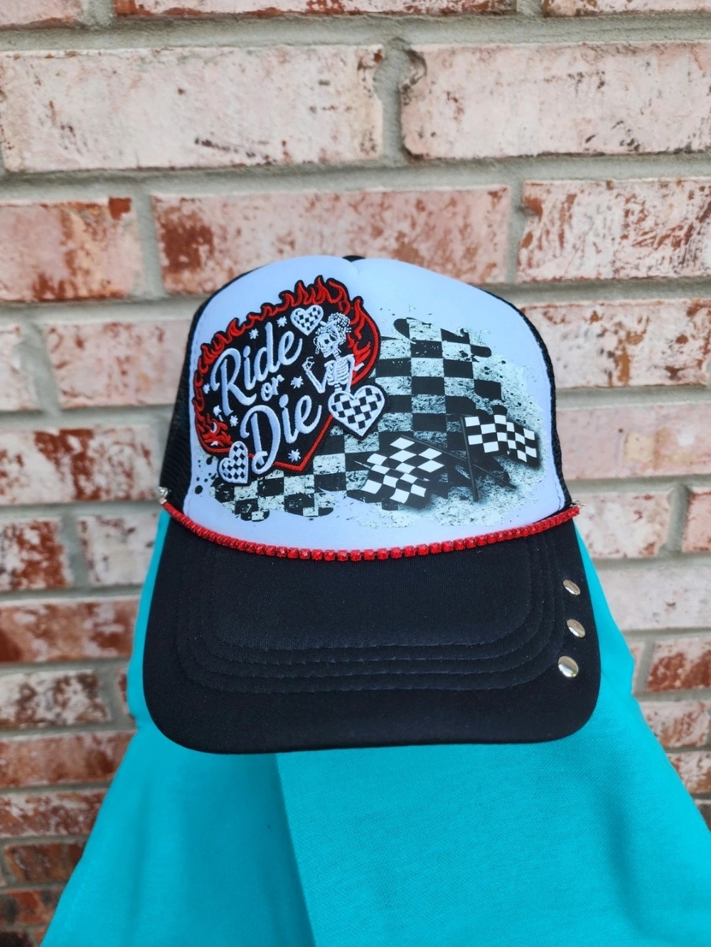 Women's 'Ride or Die' Black & White Trucker Cap with Red Trim